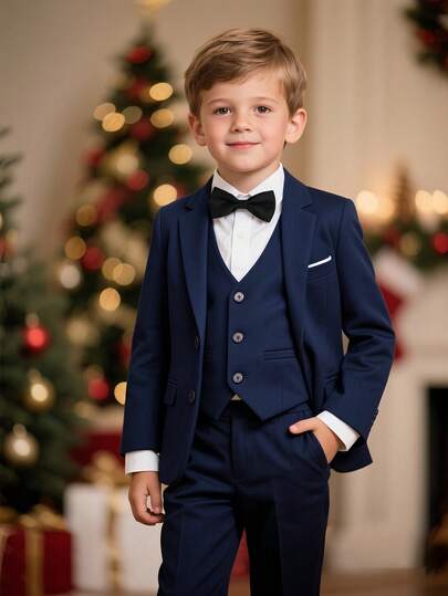 4 Piece Boys Gentleman Suit Boys Elegant Blue Formal Flat Collar Blazer Vest Trousers Tie Suitable For All Seasons