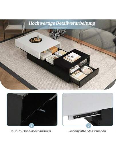 100*50*38cm Hochglanz Kaffeetisch,Wohnzimmertisch Mit Schublade,Beistelltisch Schiebeplatte,Geometrischer Tisch,Couchtisch Schwarz Weißem Näh ,Großer Stauraum view 7
