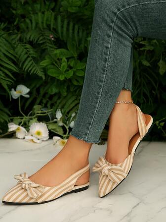 White Pointed Toe Slip-On Flats With Bowknot Design, Hollow-Out Loafers, Elegant Casual Spring/Autumn New Arrival Women Perforated Mule Shoes