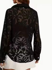 新款优雅法式提花长袖女式衬衫，百搭春季款 - 黑色 - 查看 4