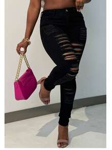 Women's Plus-Size Distressed Slim-Fit Stretchy Denim Jeans - Black - View 4