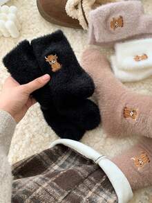 Furry calf 3/5 Pairs Women's Cartoon Calf Embroidered Plush Socks, Super Thick For Autumn/Winter, Warm Color, & Versatile For Home Wear