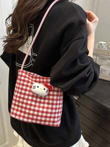 Sanrio Plaid Tote Bag Women's Cute Cartoon Check Pattern Shoulder Bag Lightweight Spacious Hobo Purse Kawaii Aesthetic Casual Daypack Gift Idea - Multicolor - View 13