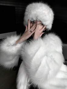 女士Y2K冬季仿皮草帽，蓬松针织帽，俄式帽子，哥萨克帽，保暖防风帽 - 彩色 - 查看 1