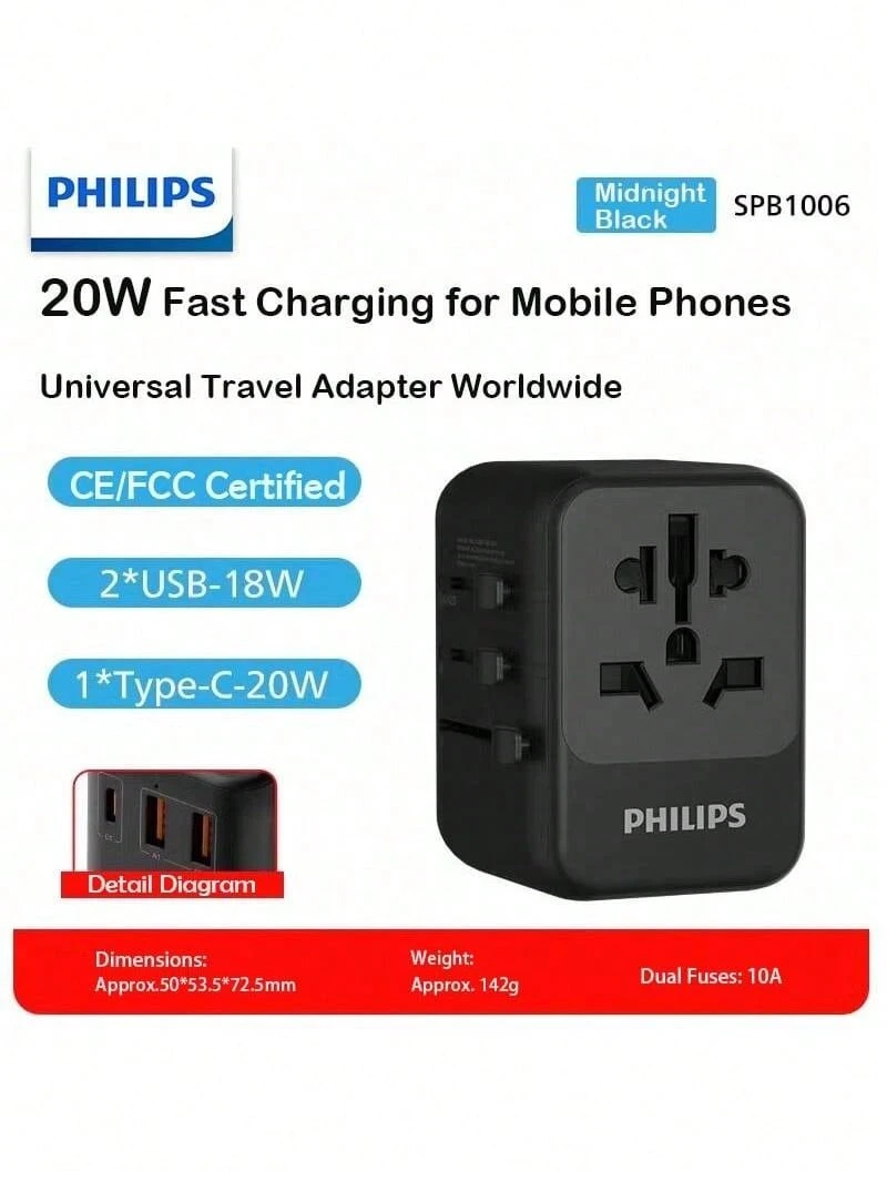 PHILIPS SPB1006B Universal Socket Adapter, PD20W High-Efficiency Fast Charging, 2A1C Design, Suitable For UK, Europe, America, Australia, Japan, And Singapore, Ideal For International Travel. - US B Type Plug(220-240V) - View 1