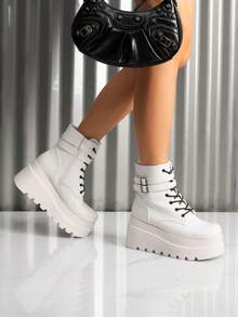 Gothic Chunky Platform Boots For Women – 3.5 Lightweight Heel, Hidden Side Zipper, Edgy Ankle Boots For Concerts, Nightclubs & Street Style Dark Glamour Comfort White - 白色 - 查看 2