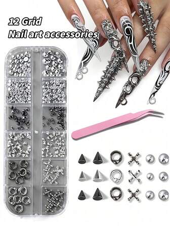 1Box Goth Nail Charms, 3D Triangle & Spike Gothic Punk Nail Charms, Black Rivet Studs Beads, Silver Alloy Piercing Y2K Nail Art Decorations, Manicure Accessories For DIY Salon Nails
