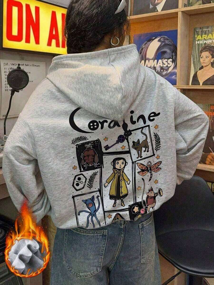 Christmas SweatshirtWomen's Winter Caroline And Ghost Graphic Long Sleeved Drawstring Hoodie With Pocket ,Casual Loose And Versatile Style Tops,Fashionable Costumes Women,Suitable For Daily And Festival WearLoose And Comfortablewinter Clothes For Women Christmas Outfit Women - 深灰色 - 查看 1