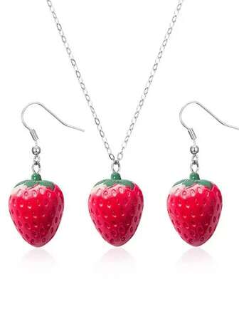 3pcs Women Strawberry Cute Earrings & Necklace Set, Elegant For Daily, Party, Holiday, Gift Jewelry Set