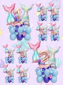 41pcs Mermaid Theme Birthday Balloon Set, 32" Rose Gold 0-9 Number Foil Balloons, Shell Shaped Balloons, Suitable For Party/1st Birthday Decoration - Style 4 - View 2