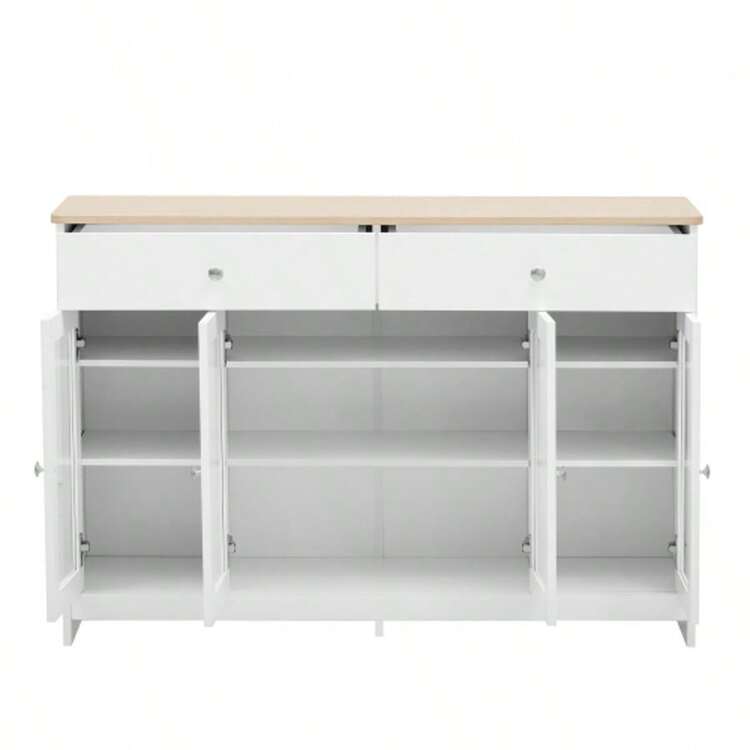 Sideboard With White Wood Grain, Four Doors, Two Drawers, One Door With Glass. Living Room, Dining Room. Wood Color And White. - White - View 6