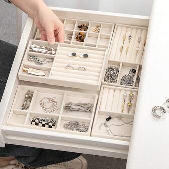 Förvaringslåda för smycken - Justerbart fack för örhängen, ringar och halsband | Stapelbart sminkbord, skåp och bricka för sminkbord
