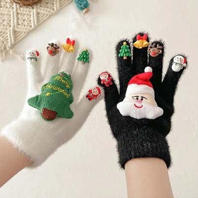 2025 Nuevos Guantes de Navidad de Dibujos Animados de Peluche Cálidos Muñeco de Nieve Árbol de Navidad Alce Guantes de Cinco Dedos para Hombres y Mujeres de Invierno al Aire Libre