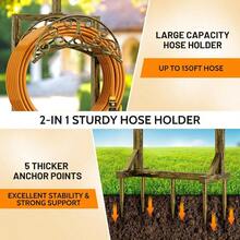 Freestanding Garden Hose Holder With 5 Spikes And 2 Shepherds Hooks For Outdoor Yard Lawn Use - Upgraded Water Hose Storage Reel Rack With Antique Golden Finish For Efficient Hose Management And Organization - 古董金 - 查看 3