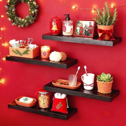 4 Pack Christmas Themed 4 Pack Christmas Floating Shelves Wall Mounted, Bathroom/Kitchen/Bedroom/Living Room Shelves, Over Toilet Hanging Shelf For Home Storage & Festive DecorShelves, Wall Mounted Bathroom Shelves For Kitchen Bedroom Living Room, Over Toilet Hanging Shelf With Holiday Decor For Home Storage & Festive Style