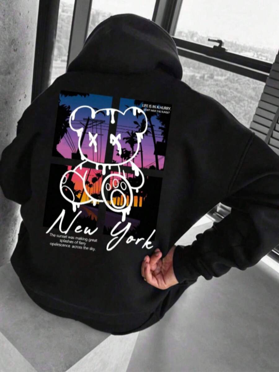 青少年男童时尚百搭龙骨翅膀酷炫印花保暖连帽卫衣，抓绒面料，卫衣，青少年男童礼物