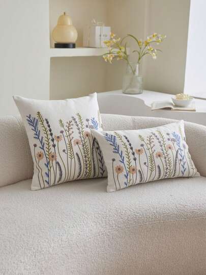 LCUHPCL 1 pieza Funda de cojín de lino bordada con flores silvestres coloridas, decoración del hogar adecuada para la sala de estar, el dormitorio, fiestas y diversos entornos, primavera/verano