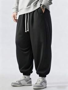 男士加大码宽松抽绳腰带运动裤，春季款 - 黑色 - 查看 1