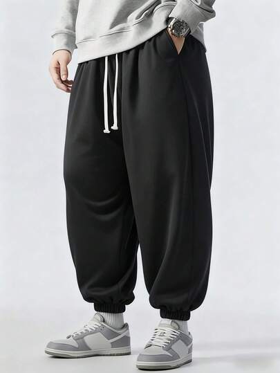 Plusstorlek Herr Träningsbyxor med lös passform och dragsko i midjan, Vår