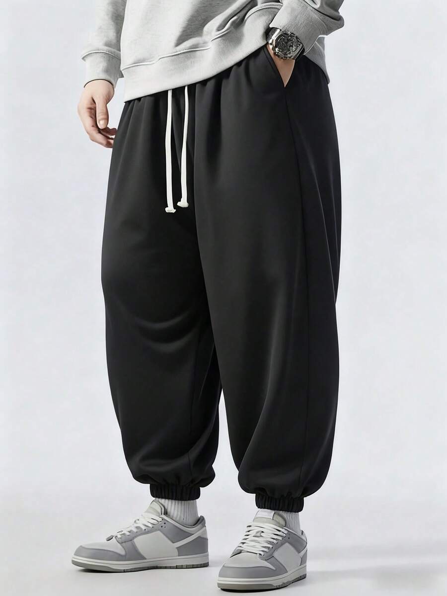 男士加大码宽松抽绳腰带运动裤，春季款 - 黑色 - 查看 1