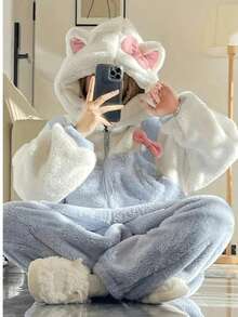 女士舒适保暖长袖连帽睡袍连体衣 - 柔和灰色和粉色蝴蝶结装饰，温暖秋冬睡衣，带口袋，可爱睡衣，舒适家居服，俏皮设计，柔软质地 - 彩色 - 查看 7