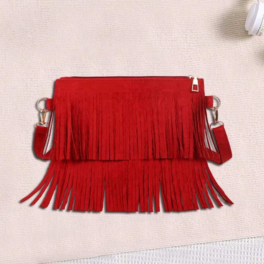Bolso de hombro con borlas para mujer, elegante bolso cruzado de PU con correa desmontable para viajes y compras. - Rojo - Ver 1