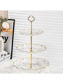 1个两层/三层优雅水波纹甜点纸杯蛋糕架，带金色边框，全新花瓣形纸杯蛋糕架，金属杆，塑料分层托盘。适用于圣诞节、感恩节、婚礼、生日、派对、茶会和家居装饰。 - 彩色 - 查看 10