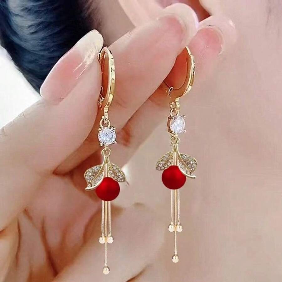 High-End Design, New Red Long Tassel Earrings With Beads And Leaves, Elegant Earrings. - Màu đỏ. - Xem 1