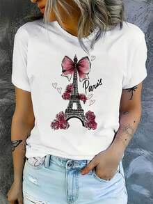 Camiseta gráfica con rosa de la Torre Eiffel de París, estilo otoñal, informal, transpirable, estampado gráfico único. - Blanco - Ver 1