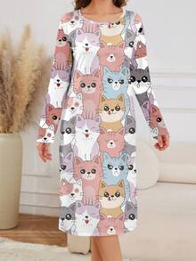 可爱猫咪印花女士睡衣，休闲长袖针织女士睡袍连衣裙，圆领长裙女士睡衣家居服，春秋冬 - 彩色 - 查看 4