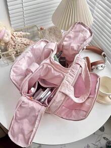 Multi-Pocket, Multi-Compartment Large-Capacity Cosmetic Bag Travel-Friendly Toiletries Organiser Holds Lipsticks, Cosmetics And Makeup Brushes - 粉色 - 查看 3
