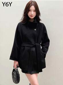 [Y6Y] 女士时尚黑色梭织面料外套，翻领，长袖，腰带，常规长度，冬季百搭单品 - 黑色 - 查看 4
