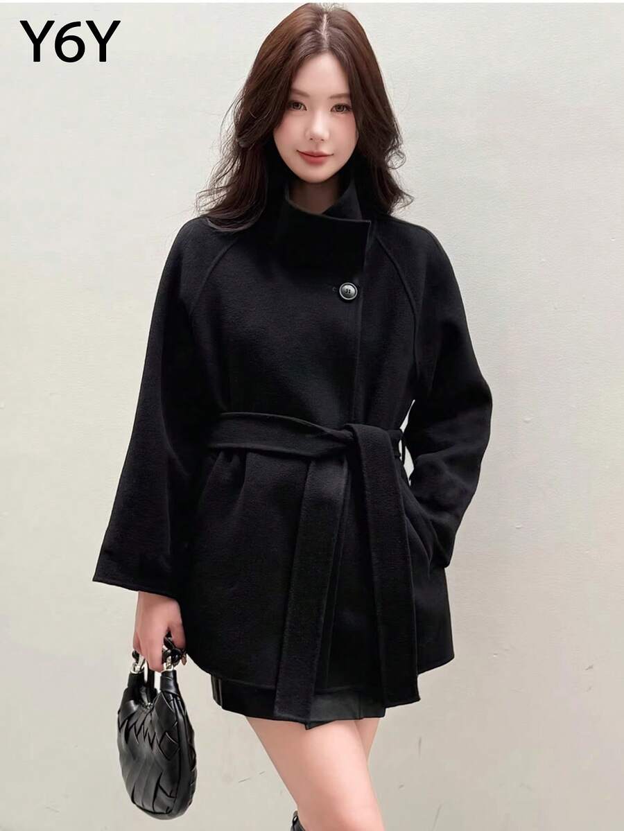 [Y6Y] 女士时尚黑色梭织面料外套，翻领，长袖，腰带，常规长度，冬季百搭单品 - 黑色 - 查看 1