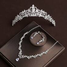 1 套女士新娘时尚珠宝，银皇冠项链和耳环 4 件套，精致婚礼配饰套装 - 銀色 - 查看 3
