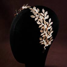 1pc Handmade Bridal Headband Headpiece, Faux Pearl & Gold Leaf Design, Wedding/Performance Accessory - Gold - View 5