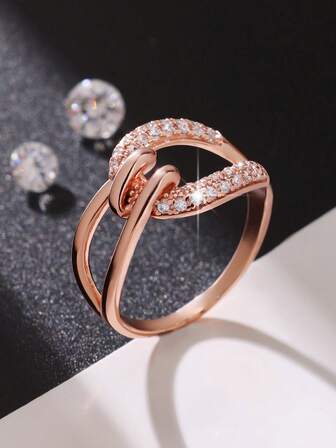 1 pieza Anillo de diseño de nudo retorcido minimalista y elegante para mujer, incrustado con circonita cúbica brillante, estilo adecuado para boda, compromiso, regalo de dama de honor, regalo del Día de la Madre