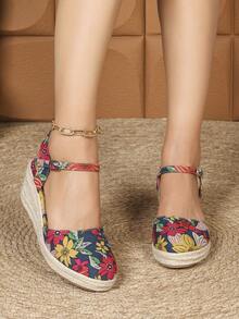 Women's Linen Rope Wedge Sandals, Casual Elastic Band Thick Bottom Shoes. Closed Toe Round Toe Hollow Breathable Platform High Heel Straw Woven Shoes, Fisherman Sandals With Crossed Elastic Velvet Linen Rope Wedge Sandals, Beach Bohemian Buckle Holiday Party - Nhiều màu - Xem 3