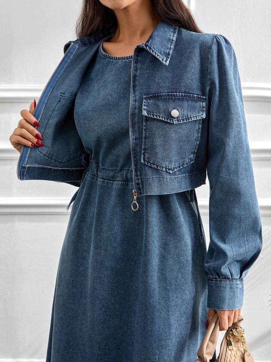 Tied Waist Denim Dress And Jacket Set - Blue - View 1