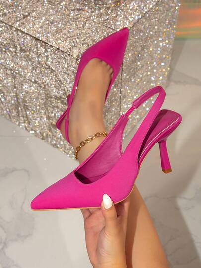 Wide Fit Elegant Fashion Pointed Toe Hollow Out Shiny Fuchsia Slingback High Heel Shoes, Women's High Heel Sandals