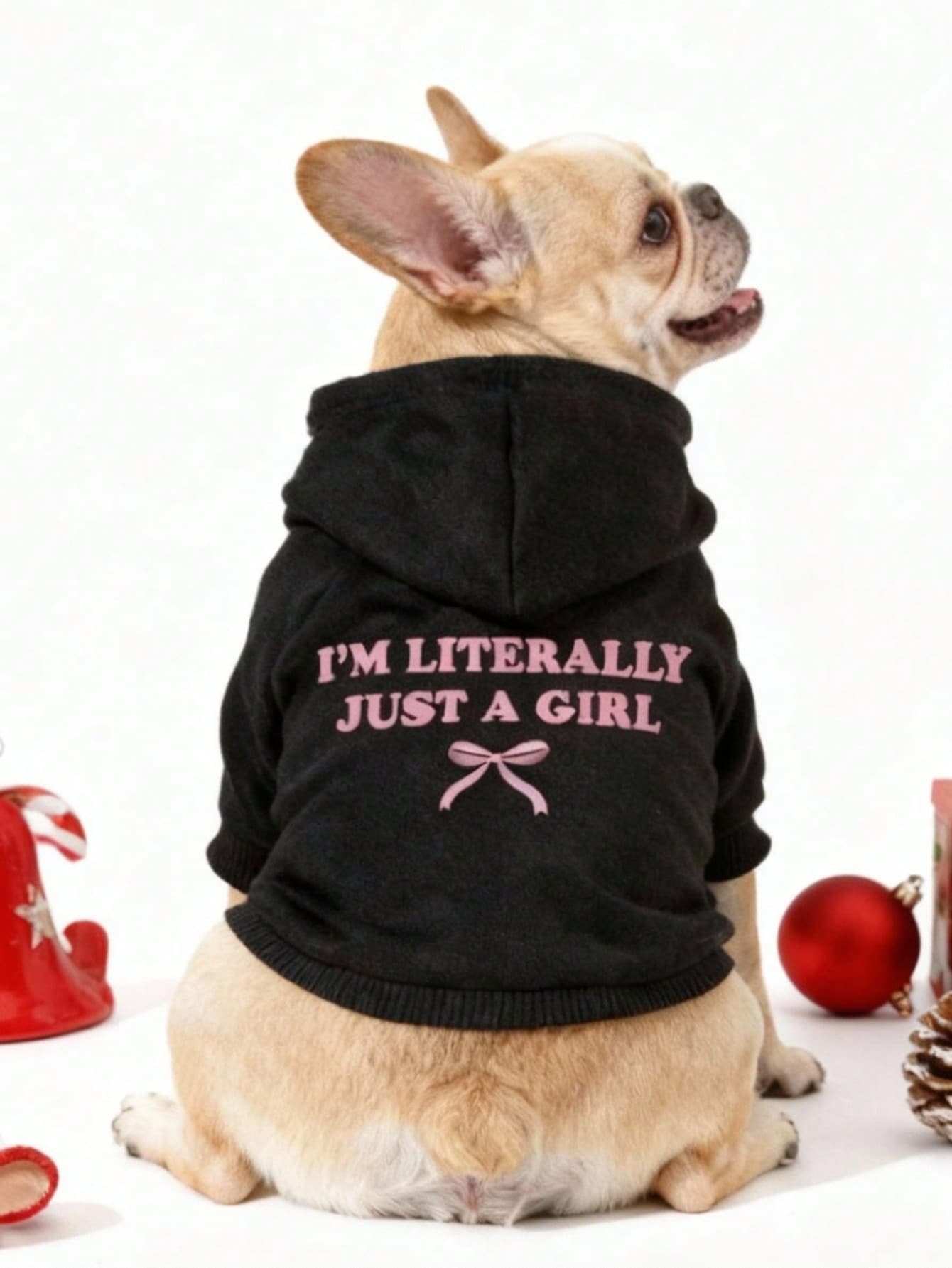 LUCKIE LABO 1件纯色蝴蝶结标语“我真的只是个女孩”印花涤纶连帽衫，休闲舒适保暖透气宠物连帽衫，适合猫狗室内/室外穿着 - 黑色 - 查看 1