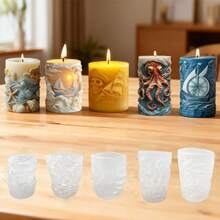 1个贝壳、章鱼、帆船图案圆柱形工艺蜡烛制作硅胶模具，海洋系列