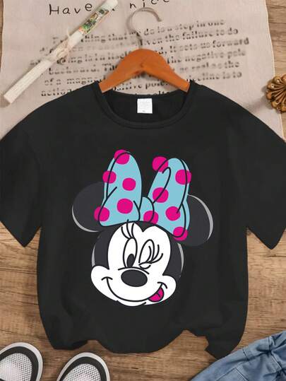 Disney Minnie Mouse Series Graphic Print Casual Fashion Short Sleeve T-Shirt, Stretchy, Opaque, Easy Care Fabric, Suitable For Daily Wear