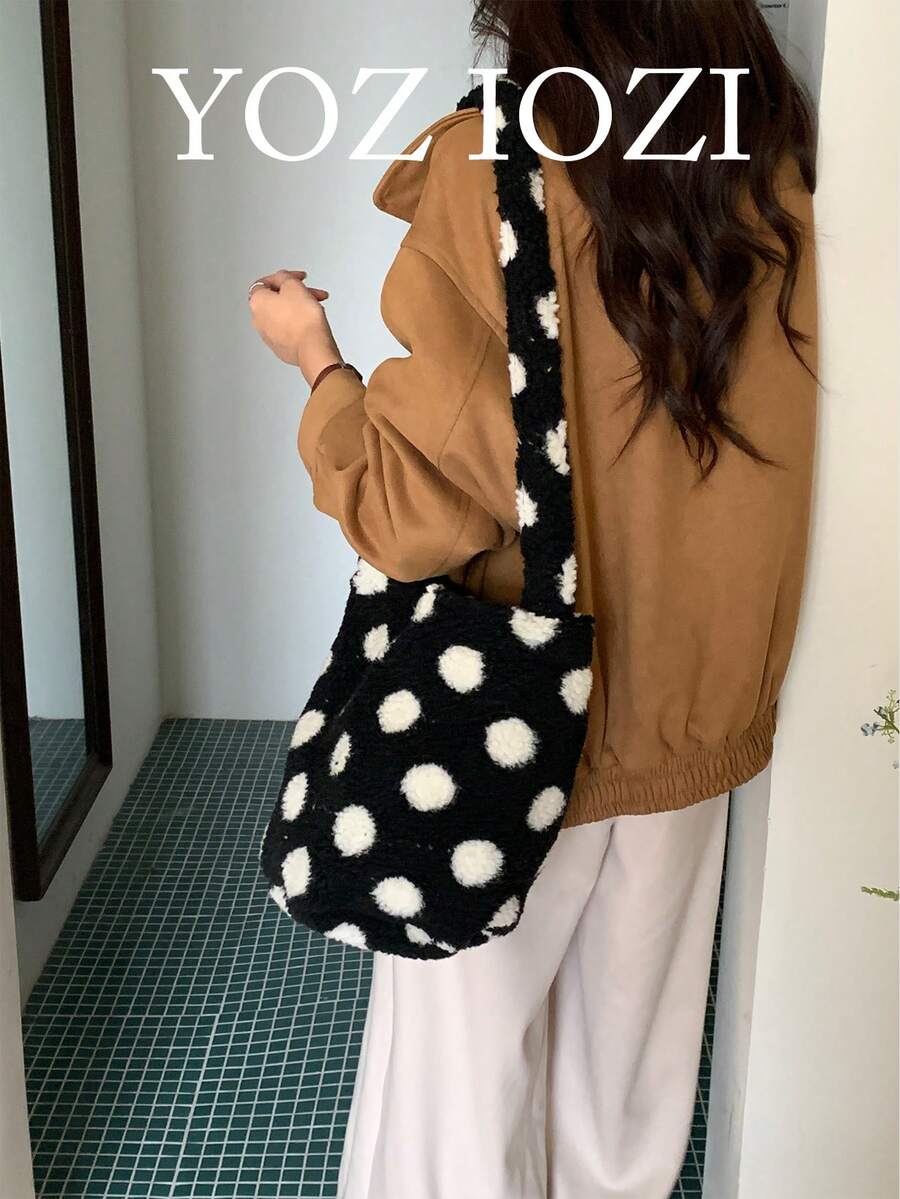 Túi mua sắm hàng ngày bằng vải nhung lông dung tích lớn, Túi đeo vai hai mặt bằng vải nhung lông cừu thời trang thu đông mới, Túi xách đeo chéo một bên vai bằng len cừu - Đen và trắng - Xem 1