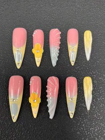 10-Piece Pure Hand-Made Nail Press Nail 45mm Thin High-Heeled Long Nail French Nail Multi-Color With Three-Dimensional Modeling Glue Carving Craft Cute And Fashionable Suitable For Women To Wear Three Sizes To Choose From Suitable For A Variety Of Occasions, Parties, Dances And Daily Wear