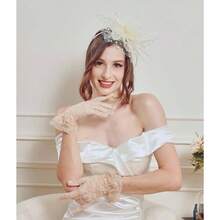 Floral Lace Gloves Tea Party Short Sunblock Wedding Bridal Vintage Prom Tulle Gloves Women - E-蓮花米色 - 查看 5