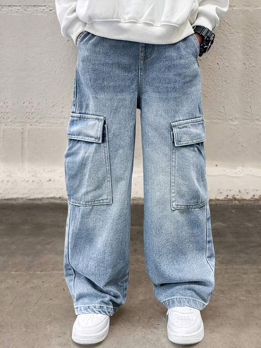 Boys' New Fashionable Light Washed Blue Straight Loose Fit Casual Cargo Jeans, Versatile Wide Leg Denim Pants For Older Kids - Blue - View 1