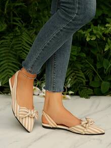 白色尖头蝴蝶结设计平底鞋，镂空乐福鞋，优雅休闲春秋新款女士镂空穆勒鞋 - 卡其色 - 查看 4