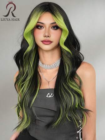 A 26-Inch High-Density Synthetic Wig For Women, In Black And Green, In The Middle Part, Suitable For Halloween And Christmas Parties, Made Of Heat-Resistant Fiber