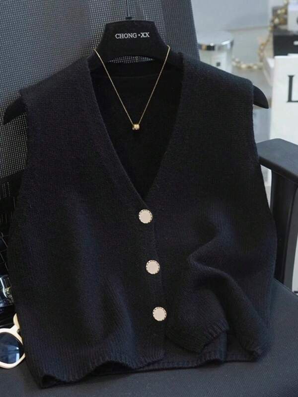 1 pièce Gilet sans manches en tricot à col en V avec boutons, couleur unie, pour femmes, automne et hiver. Idéal pour la Saint-Valentin, les fêtes de Noël