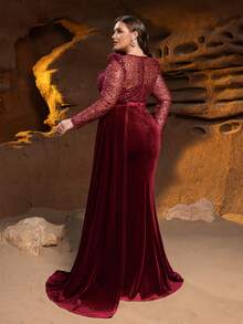 Curve-Hugging Velvet Mermaid Evening Gown, Adorned With Shimmering Sequins And Beaded Corset, Sheer Sleeves, And Alluring Side Slit | Luxurious And Glamorous Formal Design | Perfect For Red Carpet Events, Formal Dinners, Wedding Receptions, And Upscale Parties - Burgundy - View 2